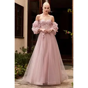 Detachable Off-the-shoulder Blouson Sleeves Tulle Evening Gown Divine CD962