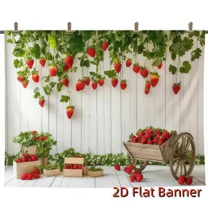 2D Flat, 2D Flat 1pc Fresh Strawberry Garden Party Backdrop - Vibrant Polyester Scene with Lush Greenery & Red Strawberries, Perfect for Weddings, Baby Showers, And Romantic Celebrations, Multipl