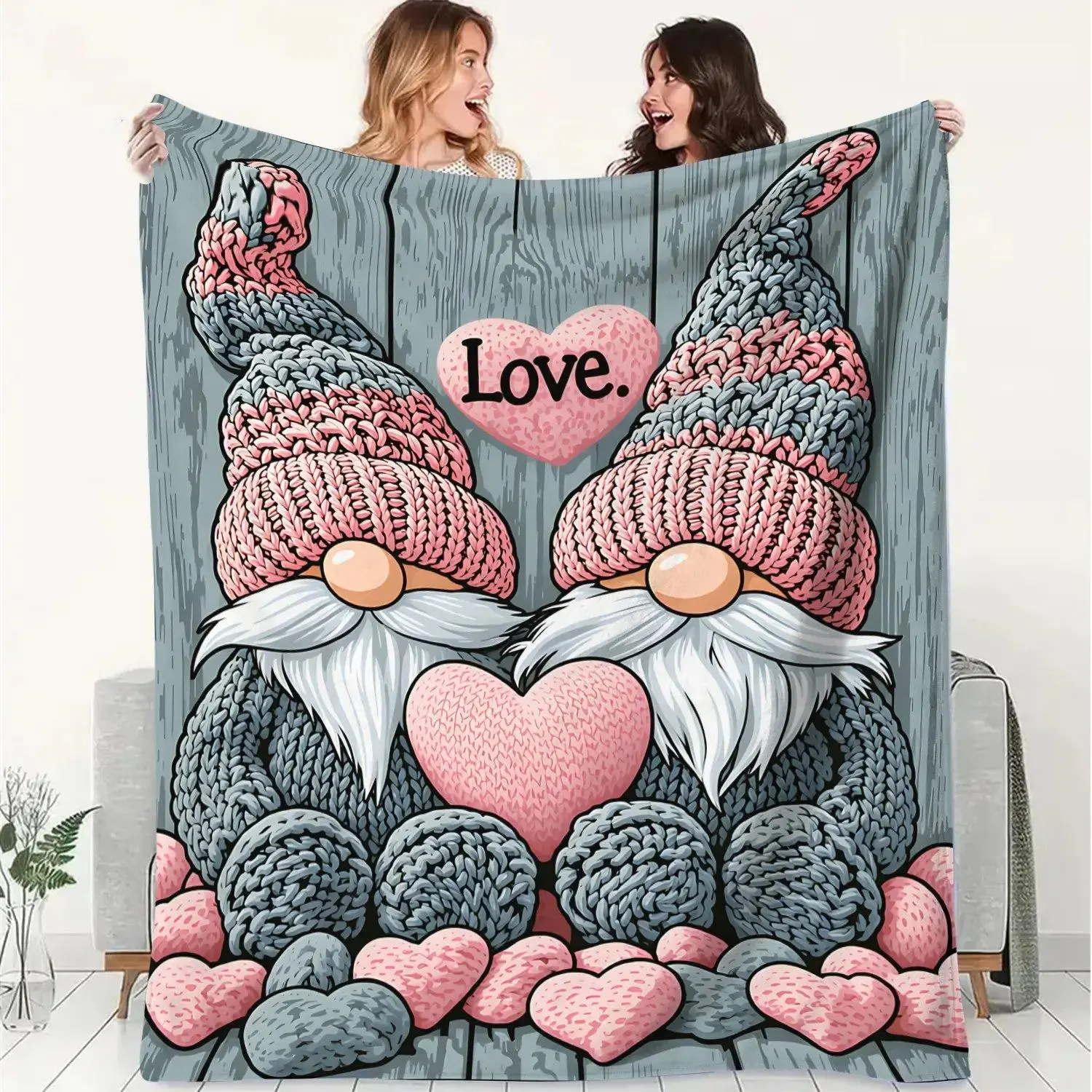Cozy and Comforting Flannel Throw Blanket, Pink and Gray Knitted Gnome and "Love" Lettering Design. Soft Decorative Blanket, Perfect for Home, Camping, Travel, and Keeping Warm In The Office , Perfect Addition to Your Living Room Decor.