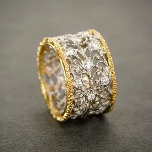 Vintage Hollow Flower Two-tone Ring Daily Banquet French Elegant Ring
