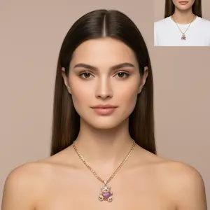 Amtiari Pink Teddy Bear Pendant Necklace – 4mm Open Cuban Link Chain, High Quality 14K Gold Plated, 18” for Daily Use