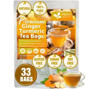 Premium 33 Turmeric Ginger Tea Bags, 100% Natural Ingredients, Hand-made Blend of Turmeric and Ginger, Eco-conscious Tea Bags. Turmeric Ginger Herbal Tea. No Sugar, No Caffeine, No Gluten, Vegan. tea blends