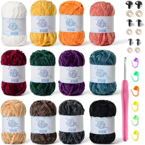 12 Pack 590 yds Chunky Chenille Yarn for Crocheting and Hand Knitting with Black Red White Green Orange Blue Plush  Yarn, Blanket Yarn for Crocheting Soft Amigurumi Yarn D