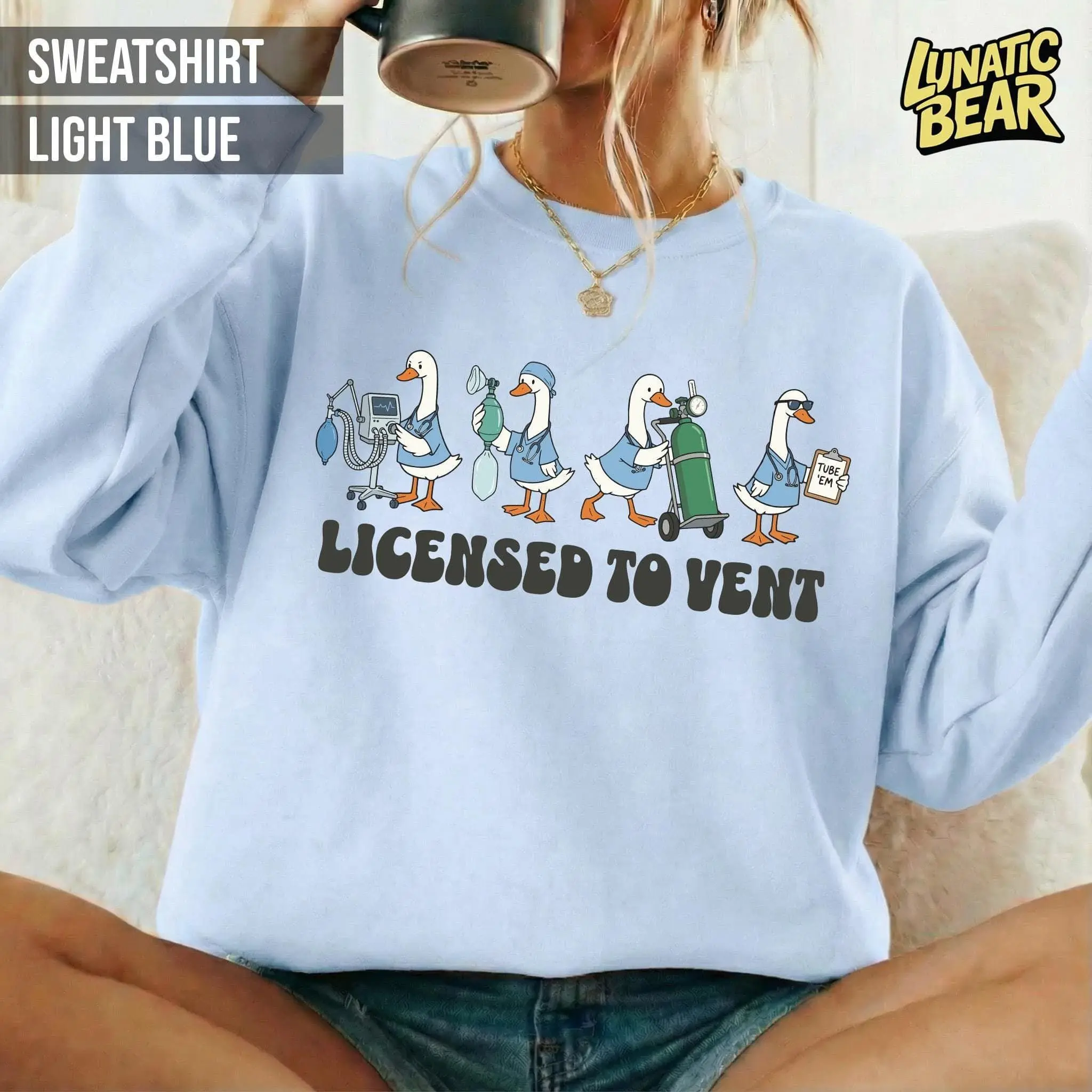 Women's Fitted Casual Breathable Fleece Respiratory Therapist T-Shirt - Licensed to Vent, RT CRT RRT RCP Everyday Gift; Women's Fitted Casual Breathable Fleece Sweatshirt - Licensed to Vent, RT CRT RRT RCP Everyday Gift, Graphic