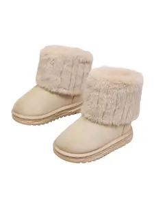 New Fall Winter Warm Snow Boots for Girls, Cute Comfortable One-Click Slip-On Shoes, Perfect Gift for Kids, Textile Upper, Plain Pattern, Fuzzy Fur Trim Boots
