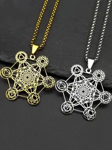 Yoga Indian Buddhism 7 Chakra Stainless Steel Pendant Necklace, Sacred Geometric Hollow Angel Seal Metatron Symbol Chain, Spiritual Yoga Jewelry, Inspirational Jewelry