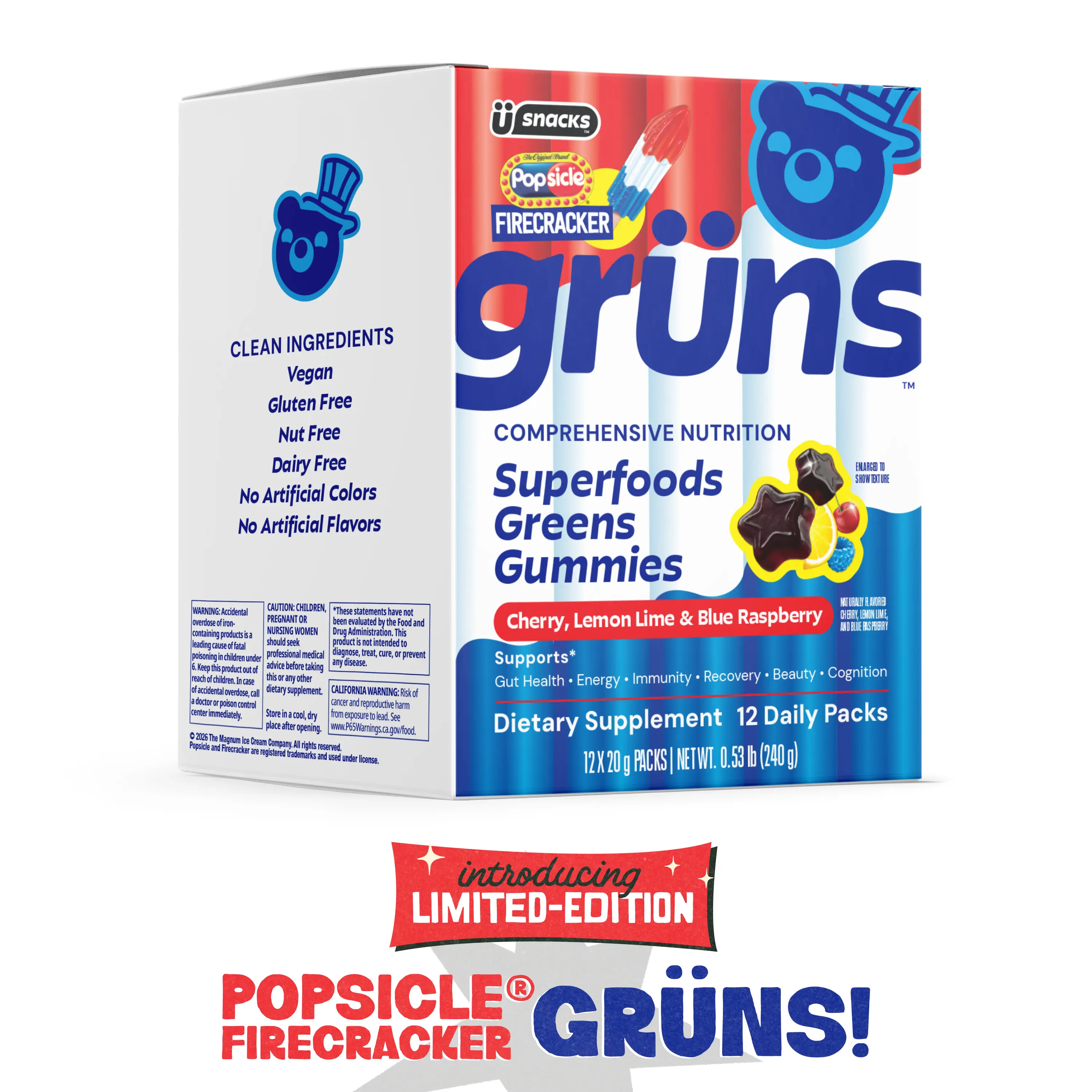 Popsicle Firecracker x Grüns "Al Dente" Superfood Greens Gummies: Comprehensive nutrition with 60+ ingredients: 21 Vitamins and Minerals, 6g Prebiotic Fiber, Adaptogens, Cherry Lemon Lime Blue Raspberry, Gluten Free, Vegan, Third Party Tested