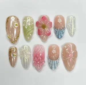 Garden Whisper Almond PressOn Nails With 3D Flowers, Bows & Pearls – Handmade Elegant Nail Set For Spring, Summer, Birthdays Or Gift for Her Satamiis