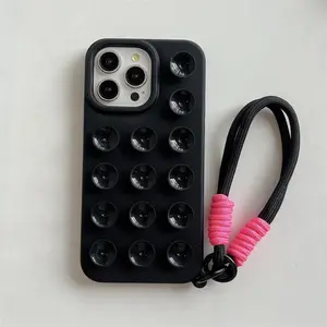 Fashion Cute Candy Liquid Silicone Suction Cup With Wrist Strap Case For iPhone 15 14 11 12 13 16 Pro Max Plus Solid Color Cover