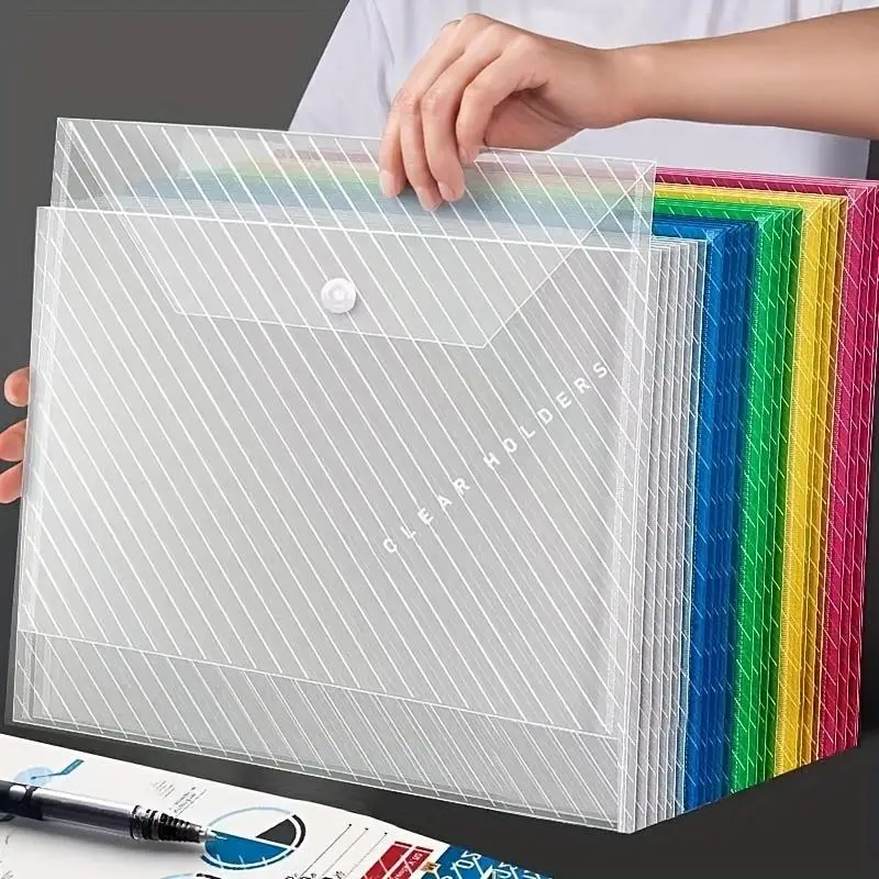 10pcs File Folder, Random Color Clear Waterproof Large Capacity Button File Storage Bag, Student File Bag, Business Office Supplies, Office & College