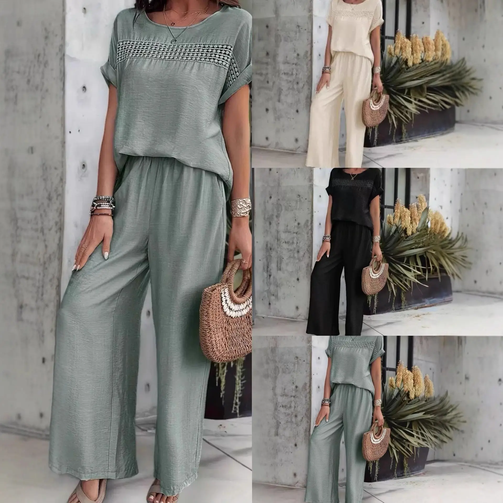 Women’s summer round-neck top and pants set, loose casual patchwork top with lace trim at the front Fit Clothes