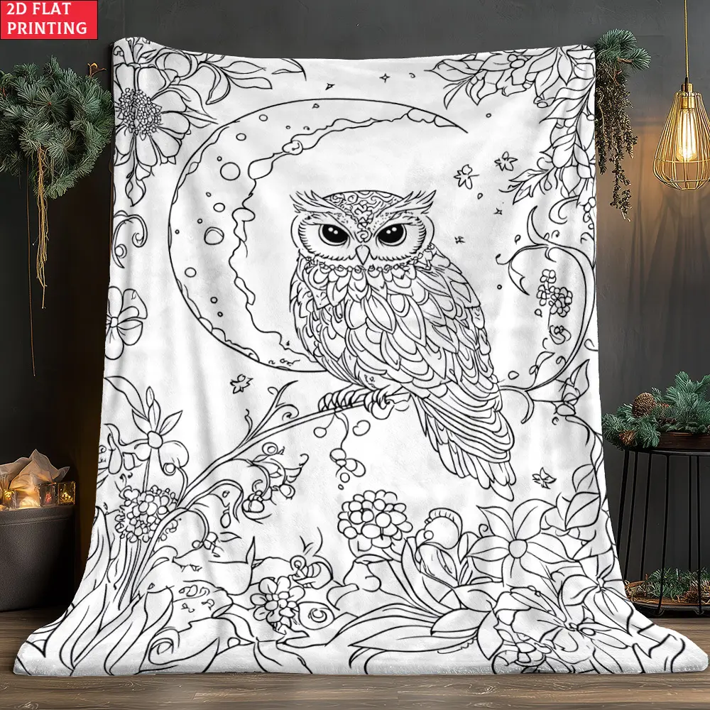 Owl Moon Coloring Book Style Blanket, Soft Flannel Throw Blanket with Black White Floral Owl Night Sky Print, Cozy Gift for Women Girls Teens and Owl Lovers, Cute Nature Room Decor for Bed Couch Sofa Dorm, Lightweight Warm Blanket for Naptime Movie Night