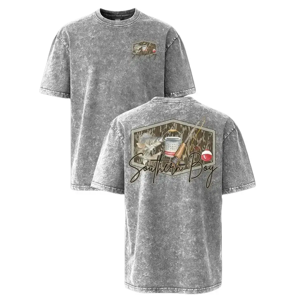 Southern Boy Fishing Graphic T-Shirt – Vintage Washed Outdoor Tee, Oversized Casual Shirt for Men, Country Lifestyle Streetwear Gift for Fishing Lovers