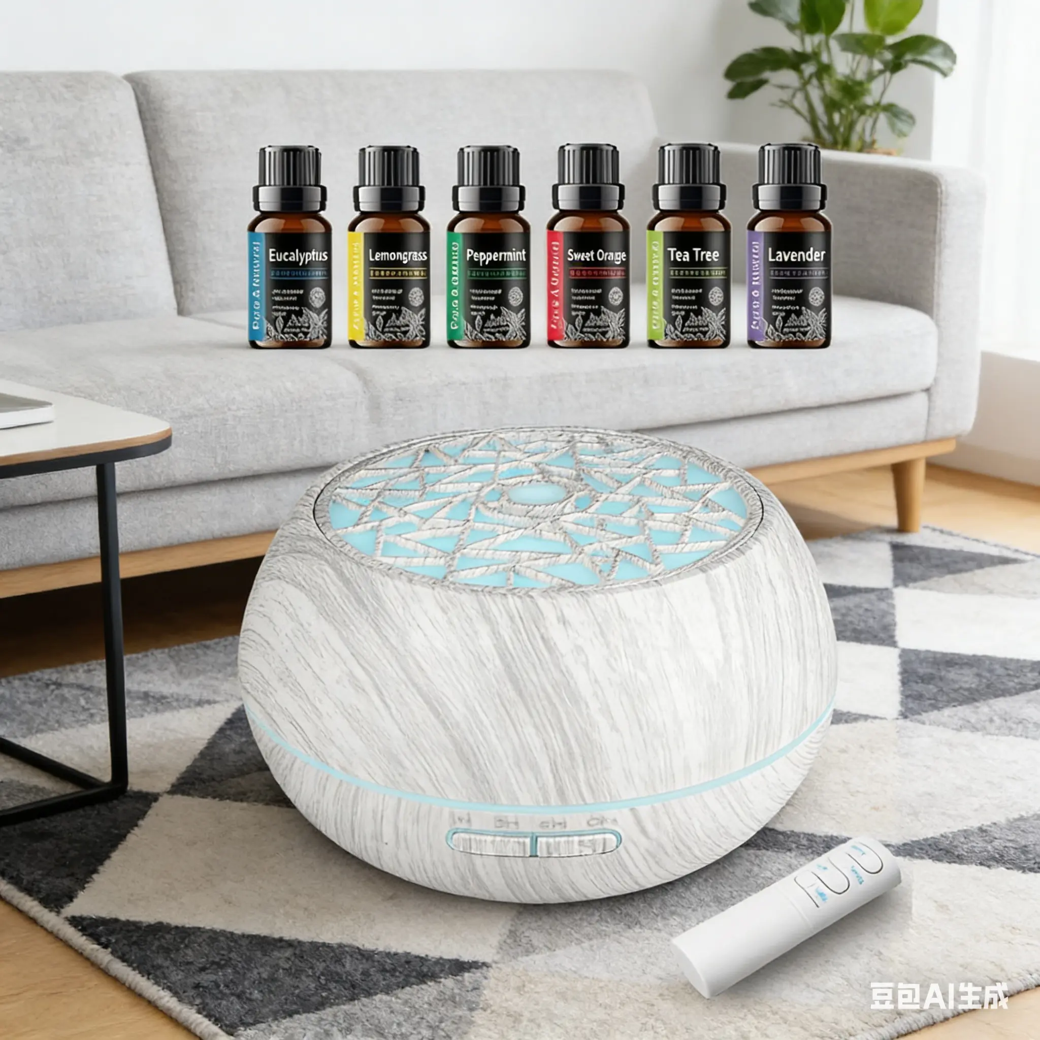 Aromatherapy Remote Control Wood Grain Essential Oil Diffuser 550ml 7 LED Colors 6 Oils Included Colorful Flame Aroma Humidifier for Home Office