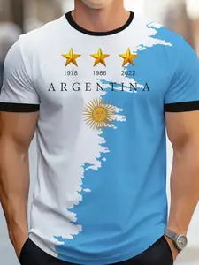 Argentina Team Style Graphic T-Shirt 2022 World Cup Memorial Edition Men's Fitted Short Sleeve Fanwear Breathable Comfort Casual Top