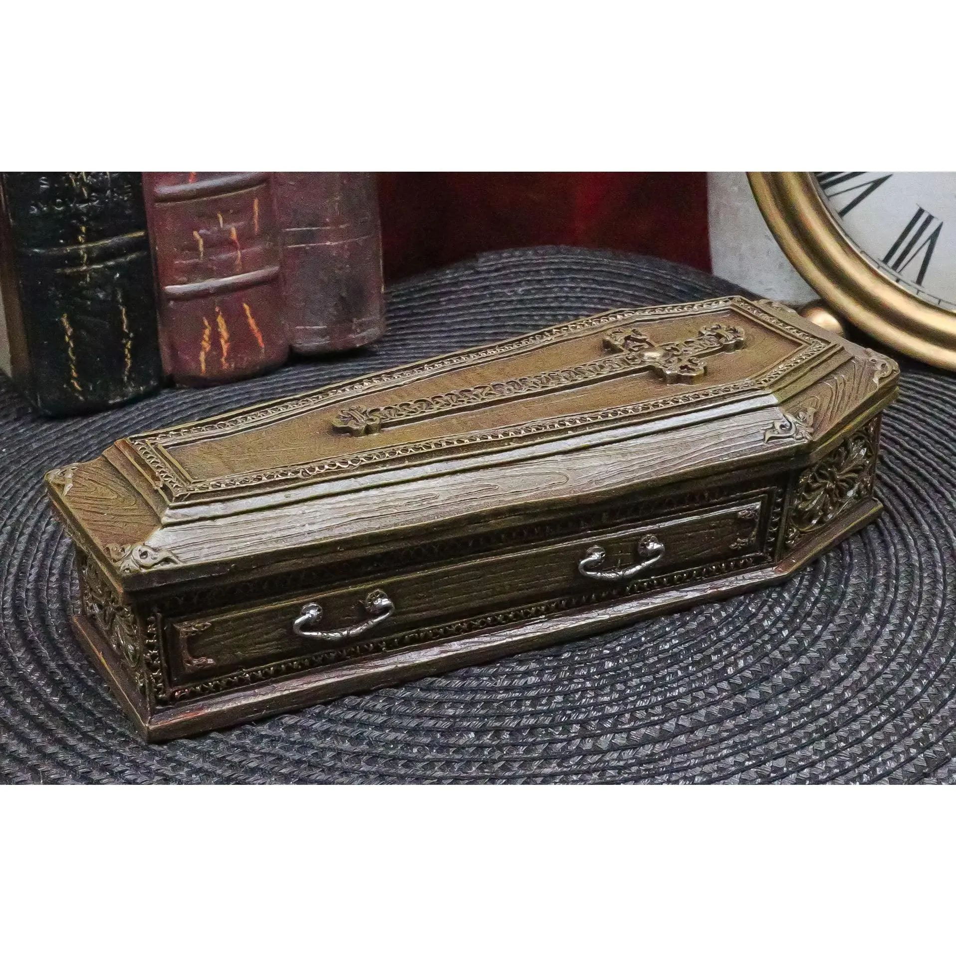 Rustic Vampire Coffin Box Rest In Peace Dracula Casket Trinket Box 8"L