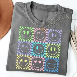 Neon Summer Smiley Face Checkerboard T-shirt, Sunshine Beach Life Shirts, Mom Life Gift, Summer Neon Trendy Shirt, USA Country Music Tour Concert, Cowgirl Western Outfits Women Tops
