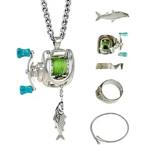 Mini Fishing Reel Necklace, SS Chain Necklace Rotating Handle Spinning Reel Pendant Keychain Backpack Charm Keychain Gift for Fishermen Angler Jewelry Father's Day
