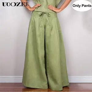 UOOZEE Women's (Only Pants) High Waisted Loose Drawstring Pleated Solid Color Split-Joint Pants Trousers with Smaller Waist, One Size Up Recommended