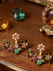 New Sweet Country Fresh Colorful Flower Rhinestone Back Hanging Earrings, Flower Stud Earrings, Elegant Floral Design, Perfect for Casual & Formal Wear