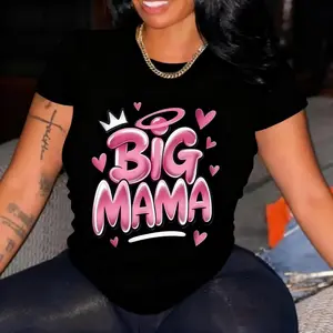 Plus Size Casual Women's Short Sleeve T Shirt Featuring Big Mama Graffiti Crown and Hearts Geometric Print Comfortable Breathable Cotton Top