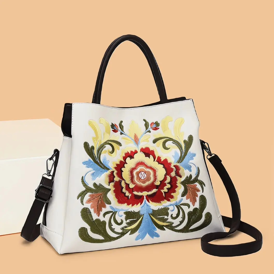 A182-Elegant Floral Embroidered Handbag with Black Handles and Strap for Women's Fashion