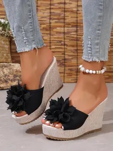 Women's Stylish High Heel Sandals, Vintage Style, Fabric Flower Decor, Linen Texture, Waterproof Platform, Anti-Slip Rubber Sole, Casual Wear