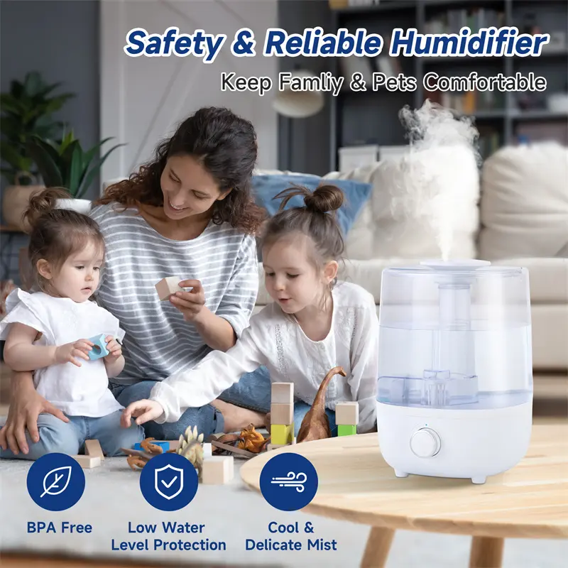 4L Manual Control Mechanical Humidifier for Home Bedroom - Large Capacity, Family-Safe, BPA-Free, Low Water Level Protection & Alert, Manual On/Off, Stuffy Nose Relief, Dry Skin & Throat Relief, Multi-Room Suitable