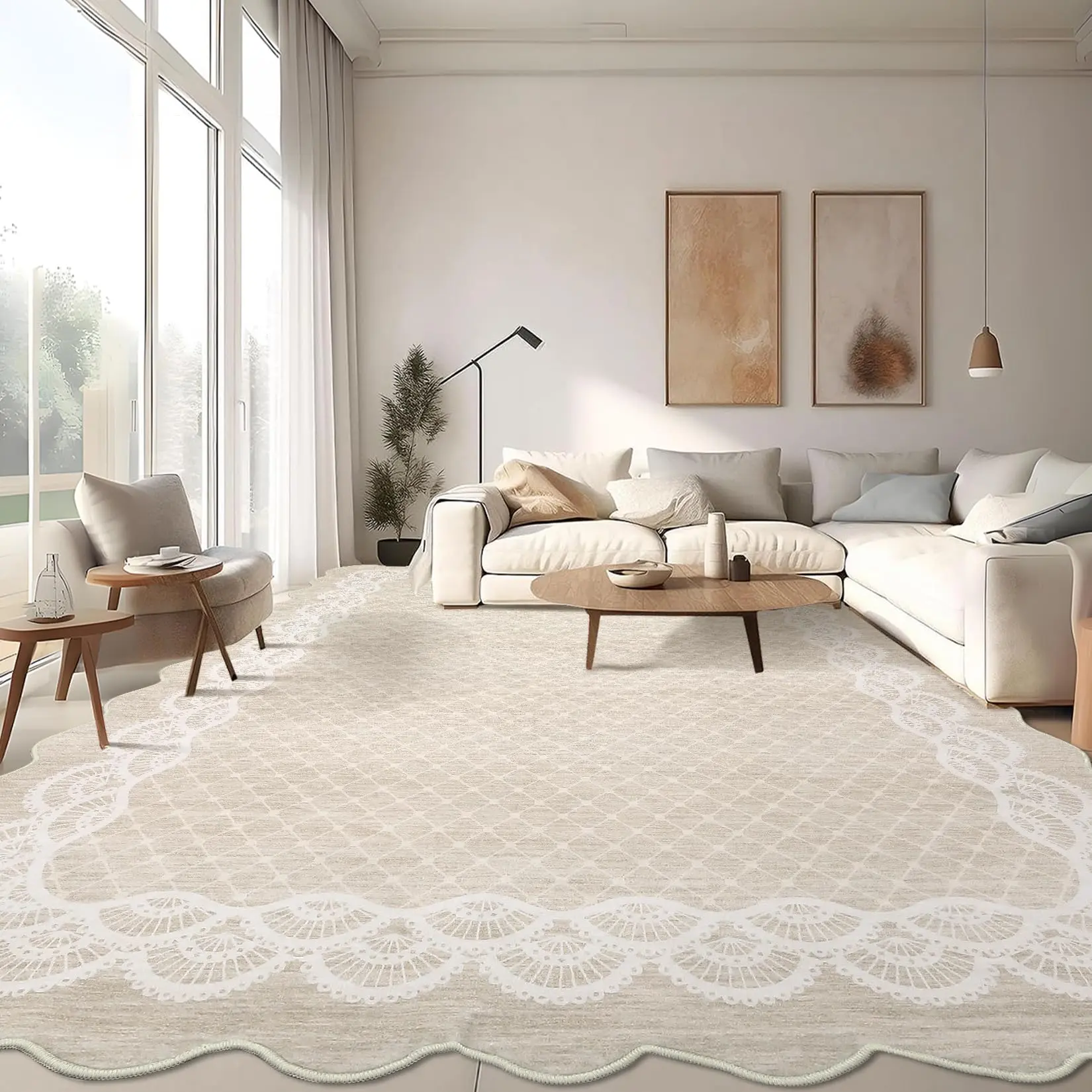 Garvee Scalloped Washable 8x10 Rugs for Living Room, Large Modern Bedroom Carpet with Non-Slip Backing, Non Shedding Low Pile Neutral Rug, Washable Scalloped Carpet for Farmhouse, Beige
