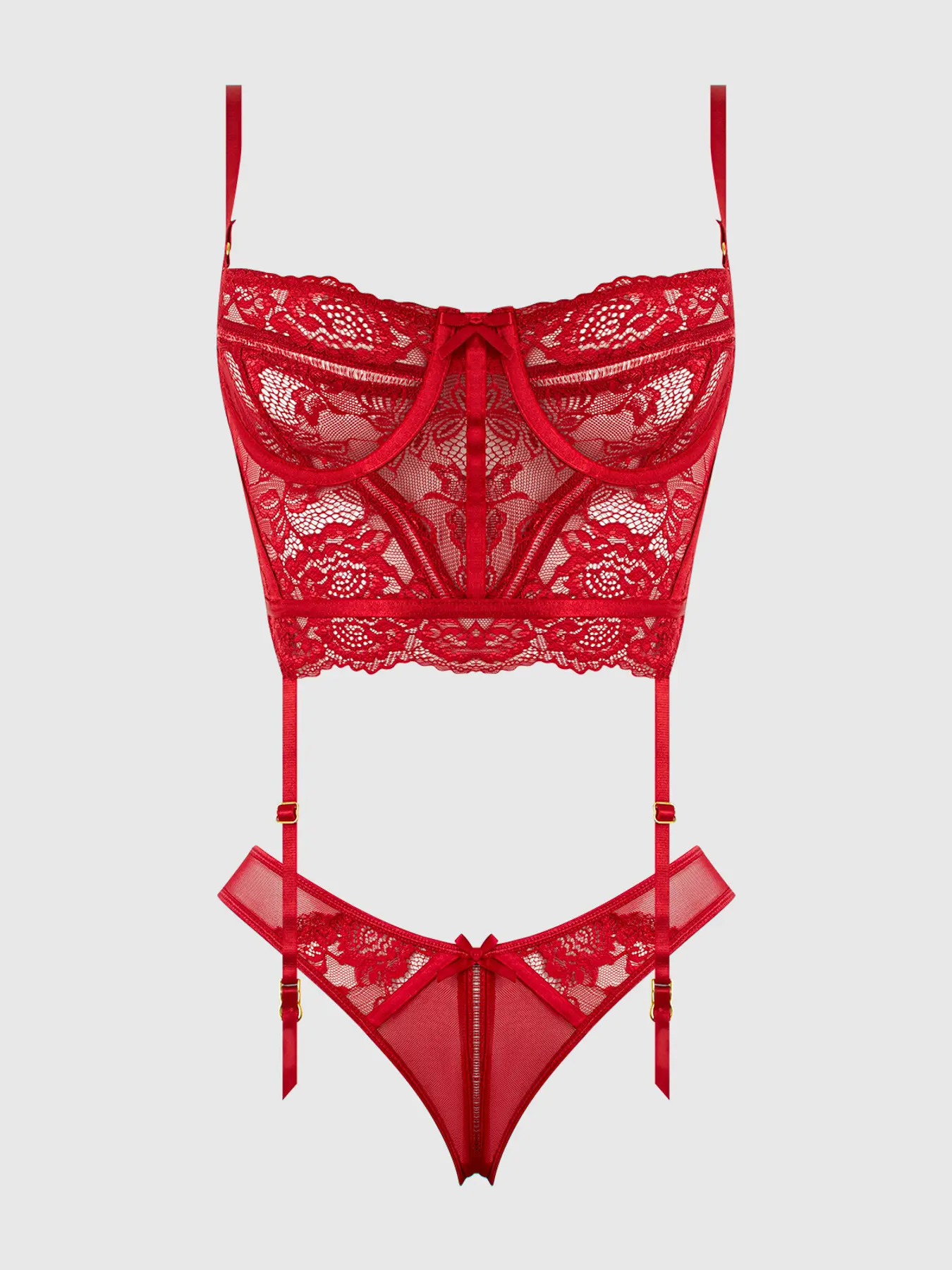 Red Open Back Bra and Panty Set Valentines Lingerie with detachable garters