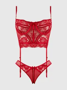 Red Open Back Bra and Panty Set Valentines Lingerie with detachable garters