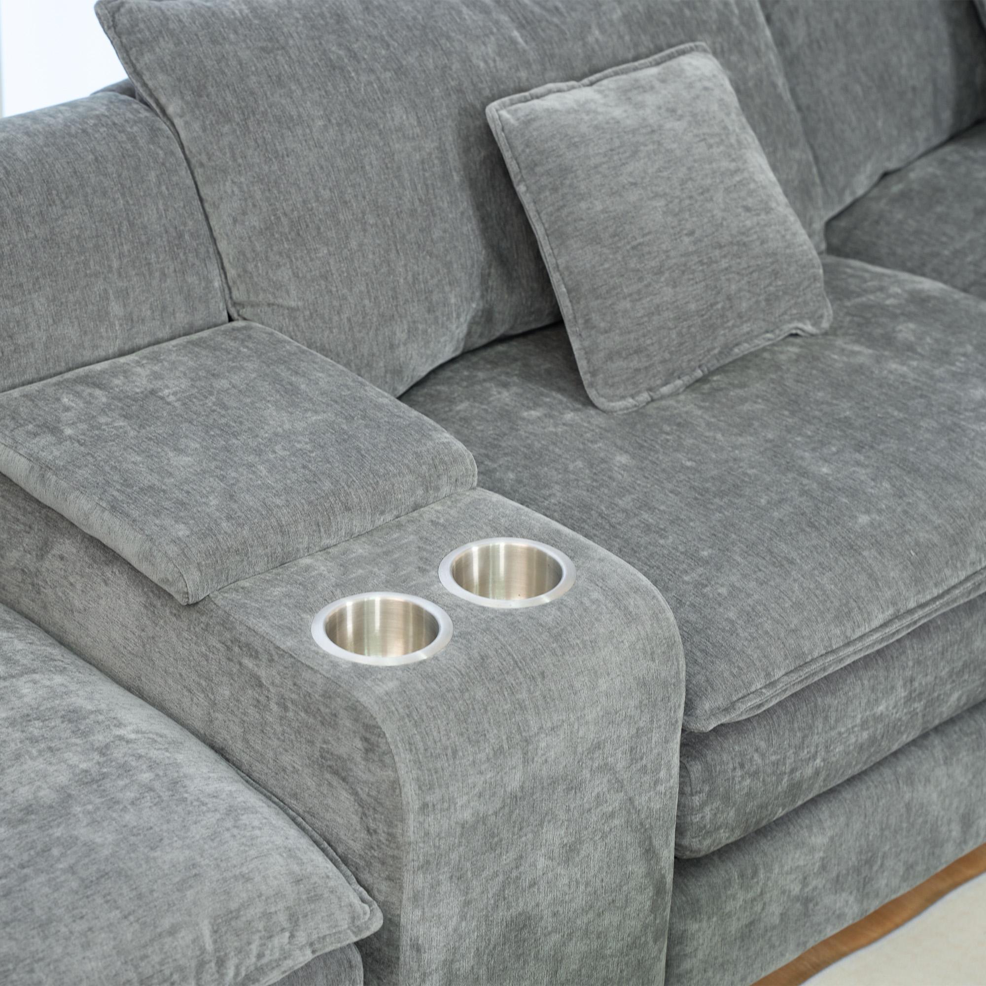 Niccae 6-Seater Contemporary Sectional Chenille Fluffy Sofa - Modular Boneless Sectional Couch with Storage, Cup Holders, Guest Bed, Modern Sofas Couches for Apartment Indoor Living Rooms (4-Package Delivery)