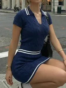 Elegant Spring Summer Knit Top and Skirt Set, Colorblock Collar, Casual Streetwear, Women's Vacation, Two-Piece Suit, Womenswear