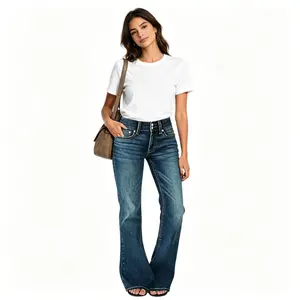 Women's Blue Washed Low-Rise Boot Cut Flare Jeans - Streetwear Womenswear Bottoms with Pockets, Butt-Lifting Western Pants