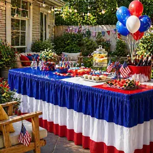 3 Pack 4th of July Plastic Table Skirts Decorations, Table Cover Skirt, Red White and Blue Patriotic Disposable Table Skirts, Fourth of July Table Party Decorations for Independence Memorial Veterans Day, 2.4 x 14 Ft