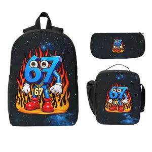 ‘67’Backpacks, shoulder bags, and storage bags in packs of 1, 2, or 3, featuring a flame-themed blue "67" cartoon character, gold chain, and red boot pattern. 2D print. Stylish and versatile, suitable for urban life, commuting, school, and everyday use.