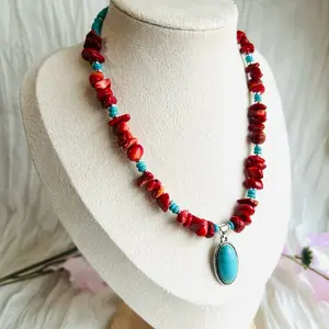 Ember Sky Necklace with Red Coral Turquoise Beads and Turquoise Pendant for Stylish Jewelry Handcrafted Earthy Elegance