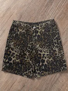 Leopard Print Denim Shorts, Summer Streetwear, Loose-Fit Cotton, Breathable Five-Quarter Pants, Casual Everyday Daily Wear, Hip-Hop Style, Trend, Bottom
