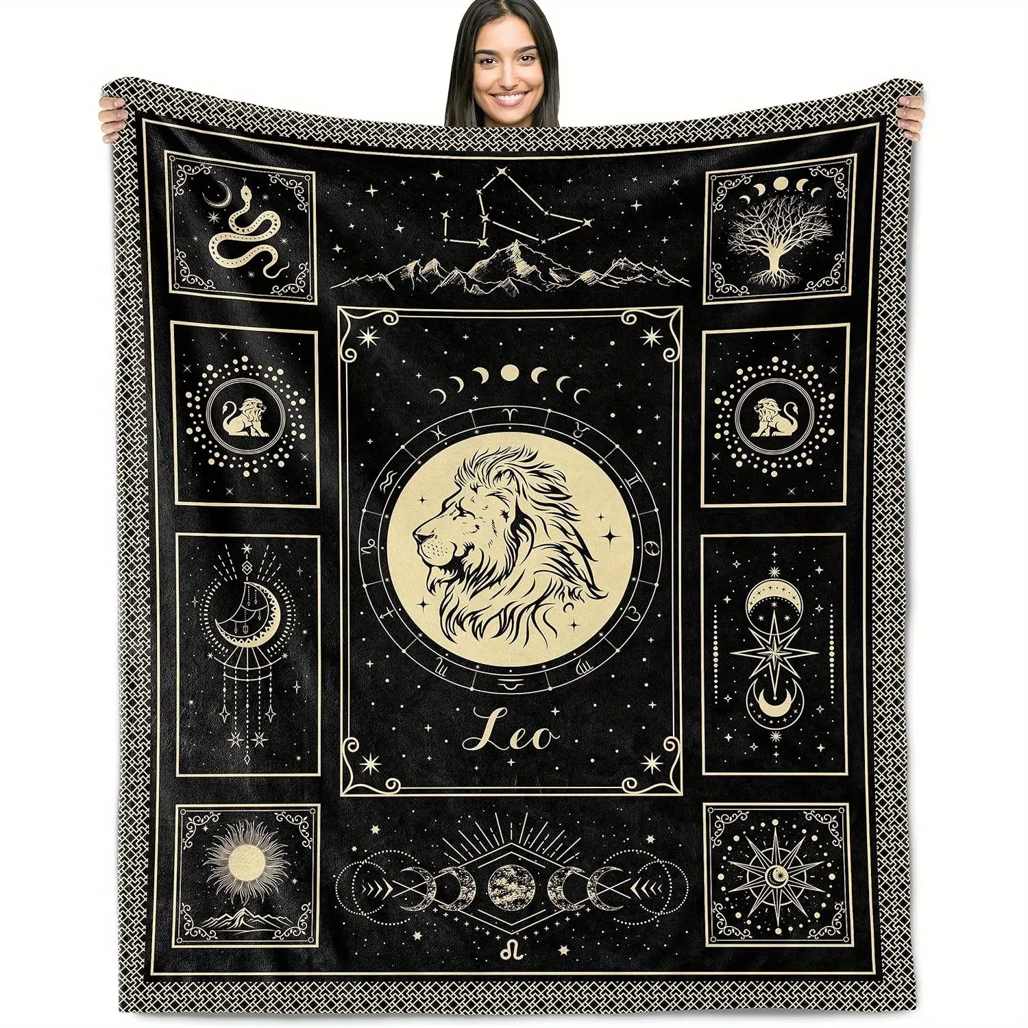 Leo Interrogation Gift Blanket - 280gsm Polyester Flannel, Modern Style, Suitable for All Seasons, Features Zodiac Symbols of Taurus, Gemini, Cancer, Leo, and Pisces, Suitable for Men and Women, Ideal for July and August Gifts, All-Season Use