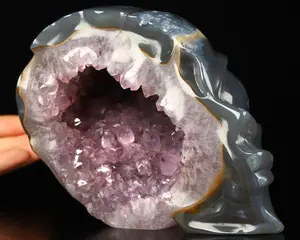 Amazing Huge 6.8" amethyst agate geode Star Being Female Alien Crystal Skull Companion, Hand Carved Gemstone Fine Art Sculpture, Reiki Healing Stone Statue