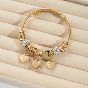 Gold Plated "I Love You" Heart Charm Bangle for Women, Dainty CZ Beaded Adjustable Cable Bracelet, Romantic Jewelry Gift for Her