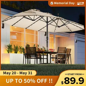 COSTWAY 15/13Ft Solar Patio Umbrella with Base, Extra Large Outdoor Double-Sided Twin Umbrella with 36 LED Lights & Crank Handle for Garden, Deck, Poolside, Patio