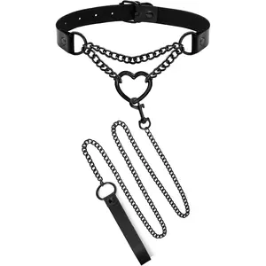 SAGAETR 2PCS Black Choker Necklace for Women Leather Chokers Collar and Leash Set Goth Heart Chain Necklaces Gift Gothic Outfits
