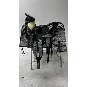 Charro Saddle – Black Leather with Silver Bordada Floral Pattern & Suede Seat (15.5”) (“La Imperial”)