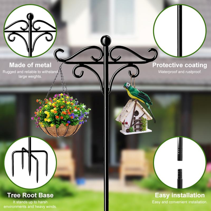 Metal Height-Adjust Minimalist Shepherd Hook Set (2-Piece/4-Piece), 74.8-in Outdoor Hanging Support with 5-Prong Ground Insert Base, for Garden Bird Feeders, Outdoor Halloween Decor