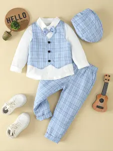Toddler Boy's 4pcs Plaid Print Button Front Blazer Vest & Long Sleeve Shirt & Elastic Waist Pants & Beret Comfy Set Suitable for Valentine's Day Outfit, Preppy Style Fall & Winter Clothes, Kid's 2024 Trendy Clothes, Clothes Kids
