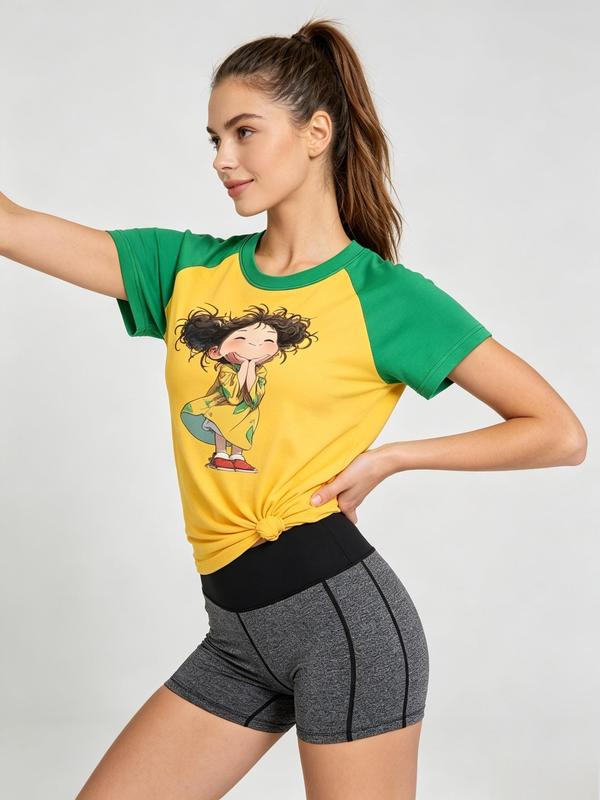 Women's Short-Sleeve Curly-Hair Cartoon Girl Quick-Dry Raglan Crop Sports T-Shirt, for Outdoor Workouts