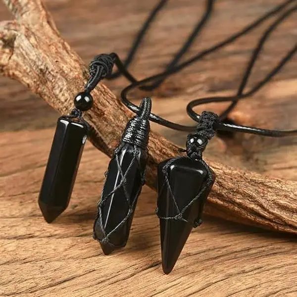 Natural Black Obsidian Hexagonal Point Stone Pendant Men Women Necklace Adjustable Rope Quartz Jewelry for Reiki Energy Spiritual