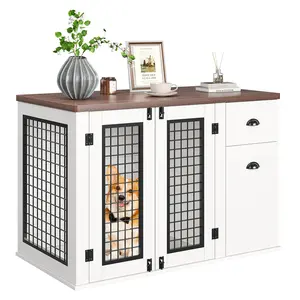 Wooden Dog Crate Furniture with Drawers & Side Cabinet, Indoor Dog Kennel End Table with Iron Mesh, Decorative Pet Crate for Small to Medium Dogs Up to 60 Lbs