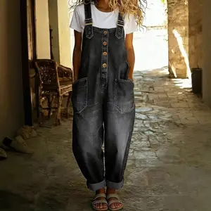 Fashionable retro distressed loose-fitting women's casual denim jumpsuit with adjustable buckles